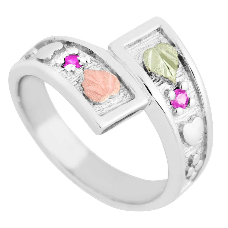 October Birthstone Created Rose Zircon Bypass Ring, Sterling Silver, 12k Green and Rose Gold Black Hills Silver Motif, size