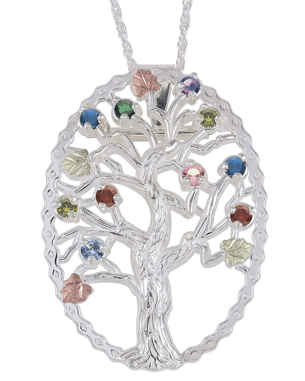 Multi Gemstone Tree Pendant Necklace, Sterling Silver, 12k Green and Rose Gold Black Hills Gold Motif, 18"