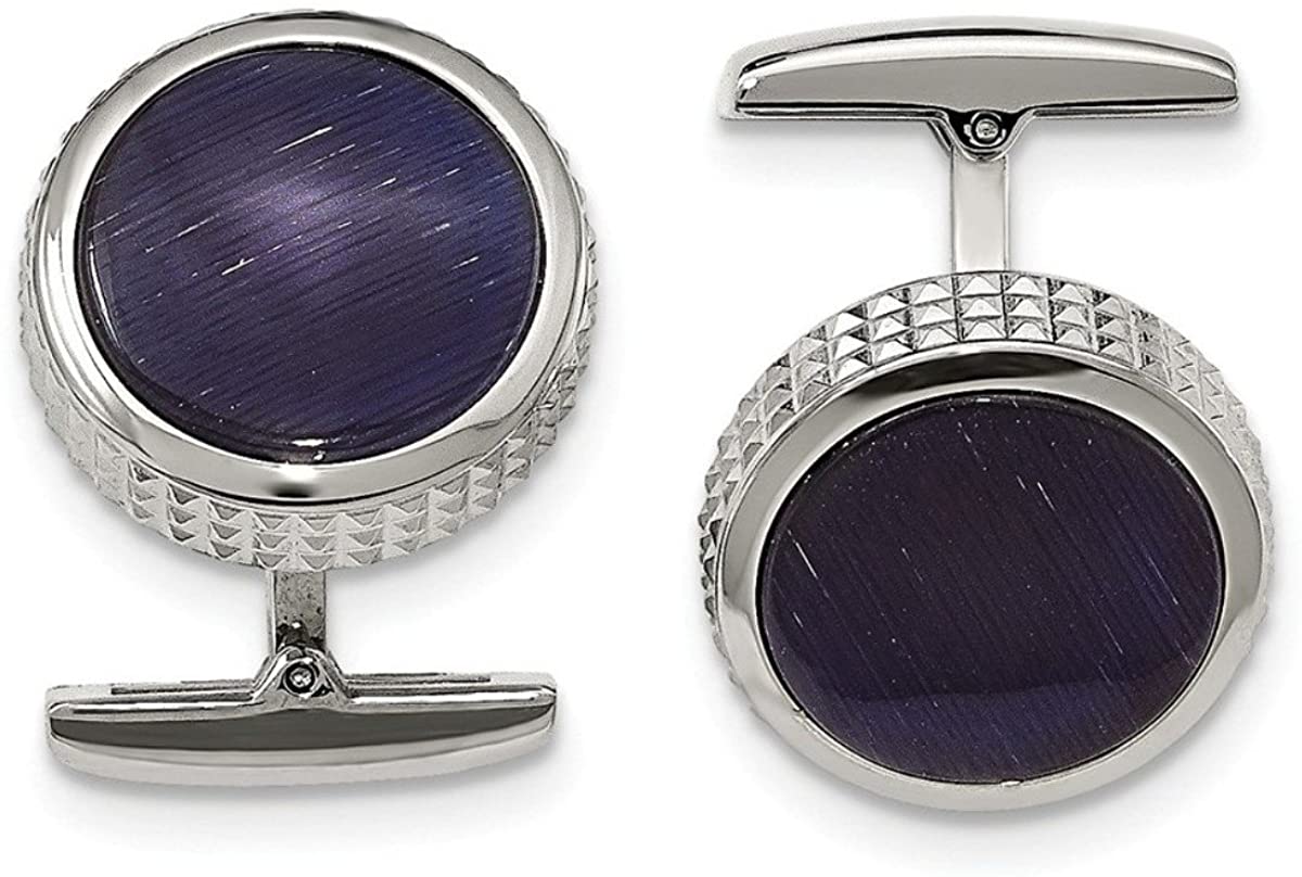 Stainless Steel Blue Cat's Eye Textured Round Cuff Links