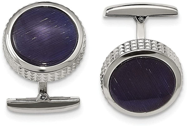 Stainless Steel Blue Cat's Eye Textured Round Cuff Links