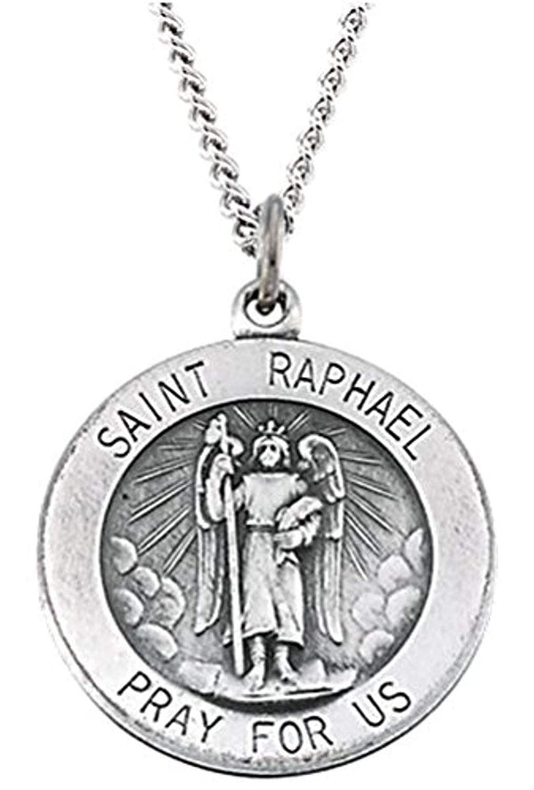 Sterling Silver Round St. Raphael Necklace, 18" (15MM)