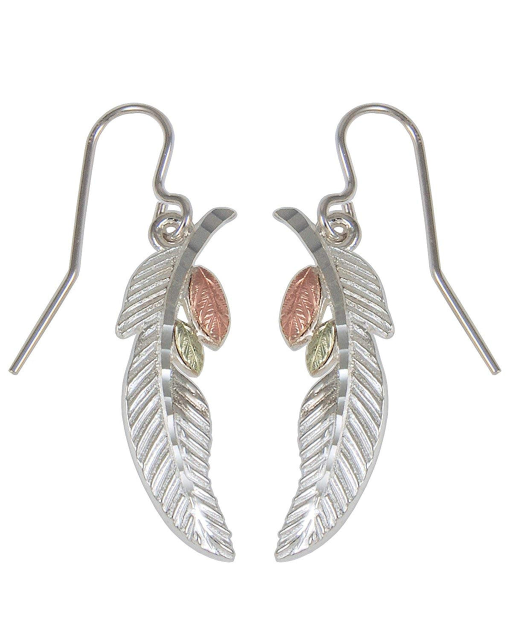 Feather and Leaf Earrings Sterling Silver, 12k Green and Rose Gold Black Hills Gold Motif