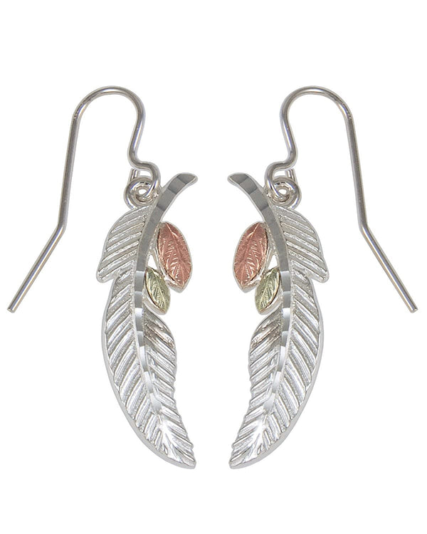 Sterling Silver Feather and Leaf Black Hills Gold Motif Earrings