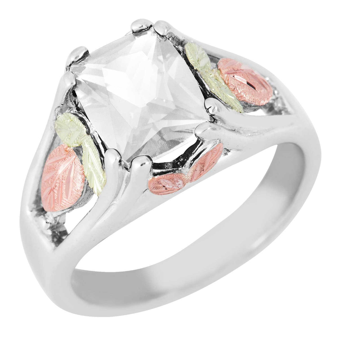 Ave 369 April Birthstone Created White Spinel Ring, Sterling Silver, 12k Green and Rose Gold Black Hills Silver Motif