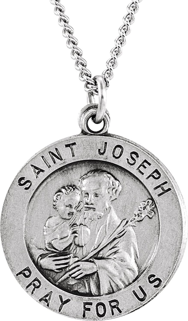 Sterling Silver Round St. Joseph Medal Necklace, 24" (22 MM)