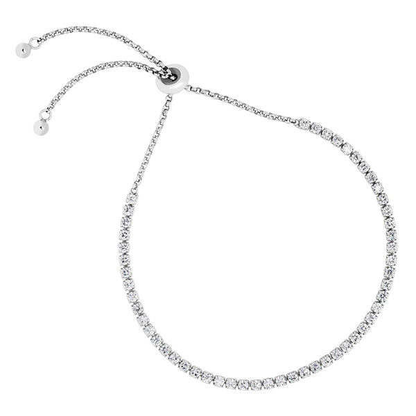 CZ Line Rhodium Plated Sterling Silver Bolo Bracelet, 8"