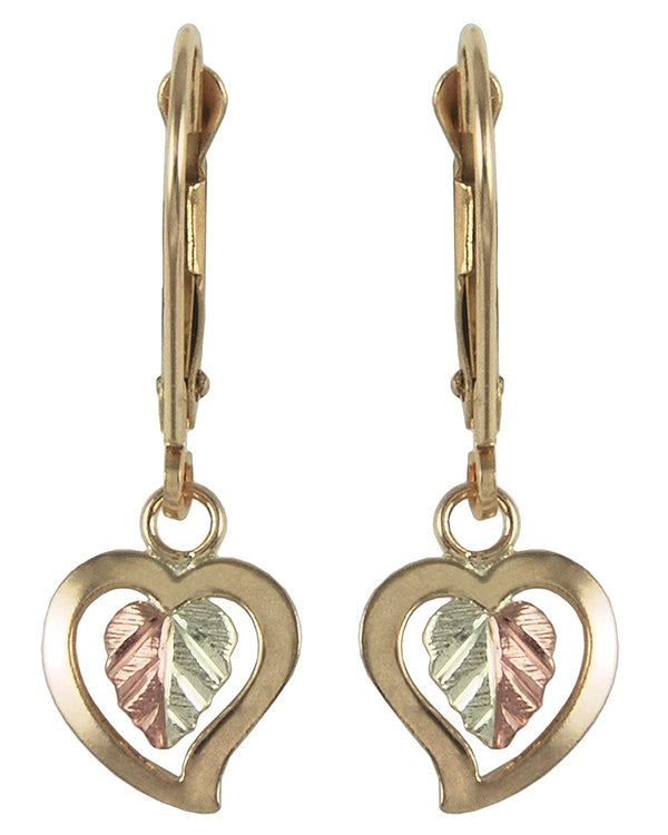 Two-Tone Heart Leverback Earrings, 10k Yellow Gold, 12k Green Gold, 12k Rose Gold Black Hills Gold