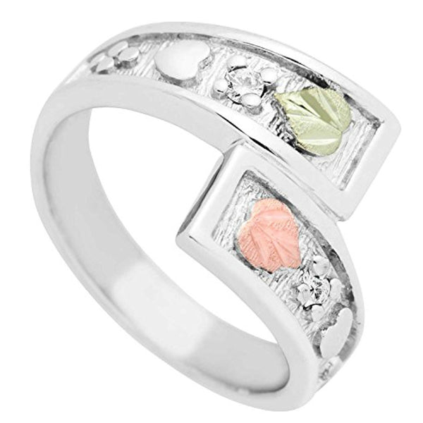 Ave 369 April Birthstone Created White Spinel Bypass Ring, Sterling Silver, 12k Green and Rose Gold Black Hills Silver Motif