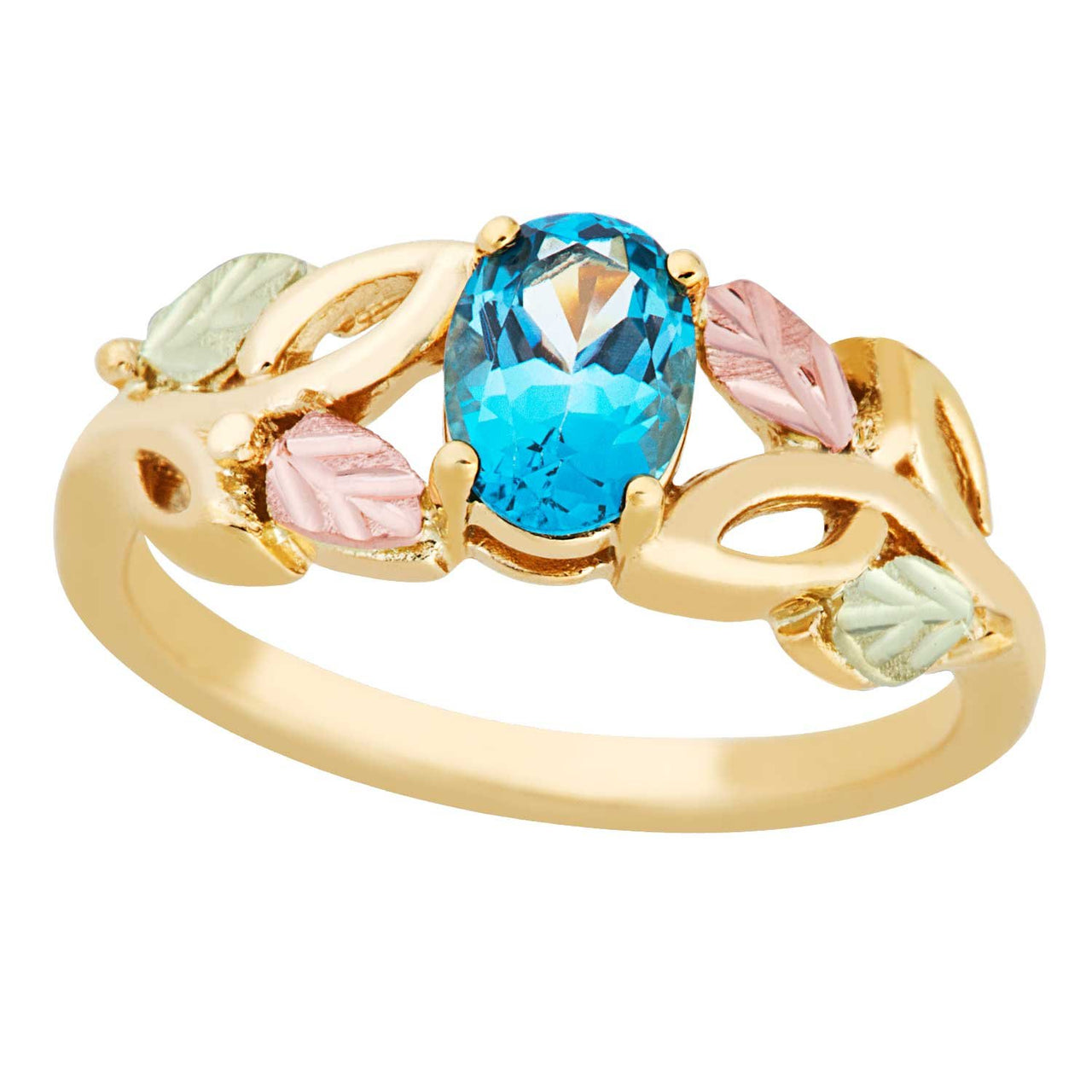 Slim Profile Oval Blue Topaz Ring, 10k Yellow Gold, 12k Green and Rose Gold Black Hills Silver Motif