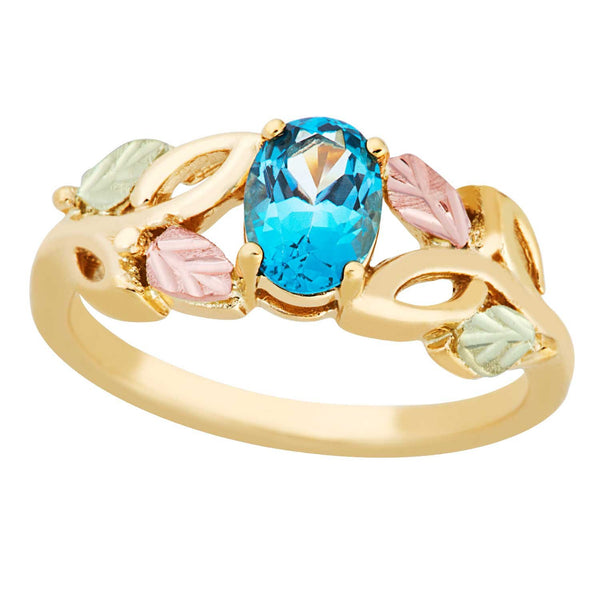 Slim Profile Oval Blue Topaz Ring, 10k Yellow Gold, 12k Green and Rose Gold Black Hills Silver Motif