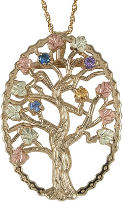 Multi Gemstone Tree Pendant Necklace, 10k Yellow Gold, 12k Green and Rose Gold Black Hills Gold Motif, 18"