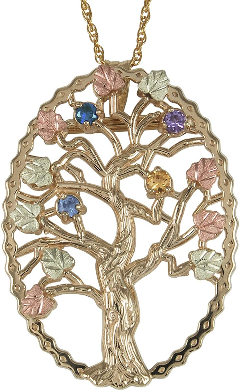 Multi Gemstone Tree Pendant Necklace, 10k Yellow Gold, 12k Green and Rose Gold Black Hills Gold Motif, 18"