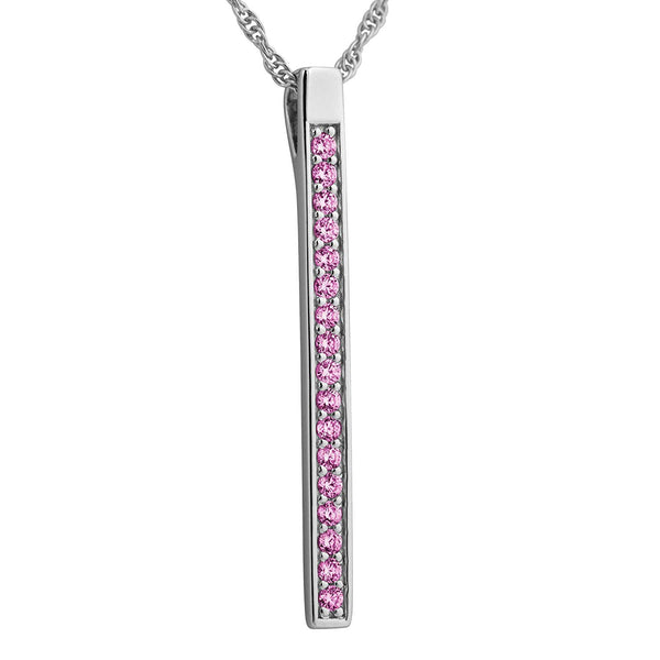 Pink CZ High Polish Bar Pendant Necklace, Rhodium Plated Sterling Silver, 18"