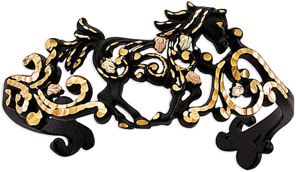 Black Powder Coat Horse Cuff Bracelet, 10k Yellow Gold, 12k Gold Black Hills Gold Motif, 7"