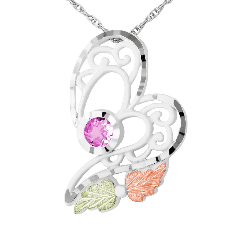 Inlaid Round Pink CZ Heart Pendant Necklace, Sterling Silver 10k Yellow Gold 12k Green and Rose Gold Black Hills Gold Motif, 18"