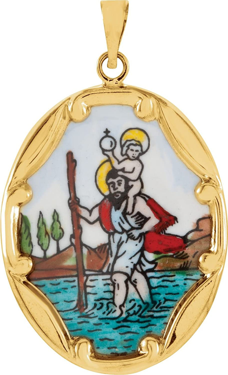 14k Yellow Gold St. Christopher Hand-Painted Porcelain Medal Pendant (13x10 MM)