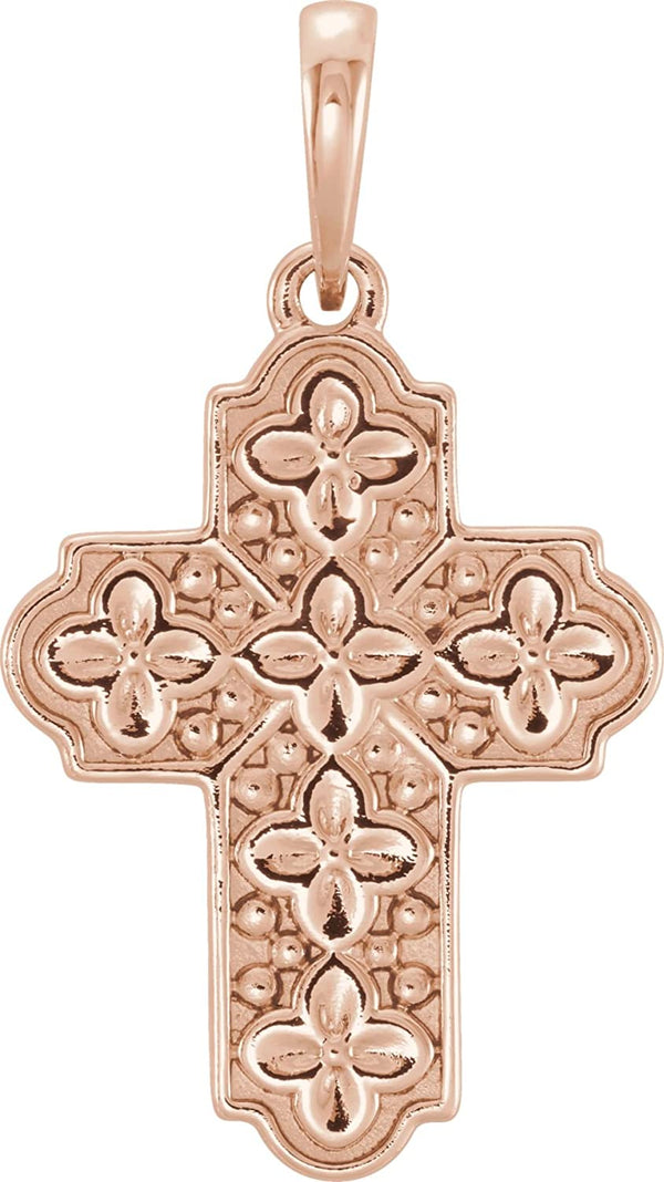 Ornate Floral-Inspired Cross 14k Rose Gold Pendant (17.80X13.70 MM)