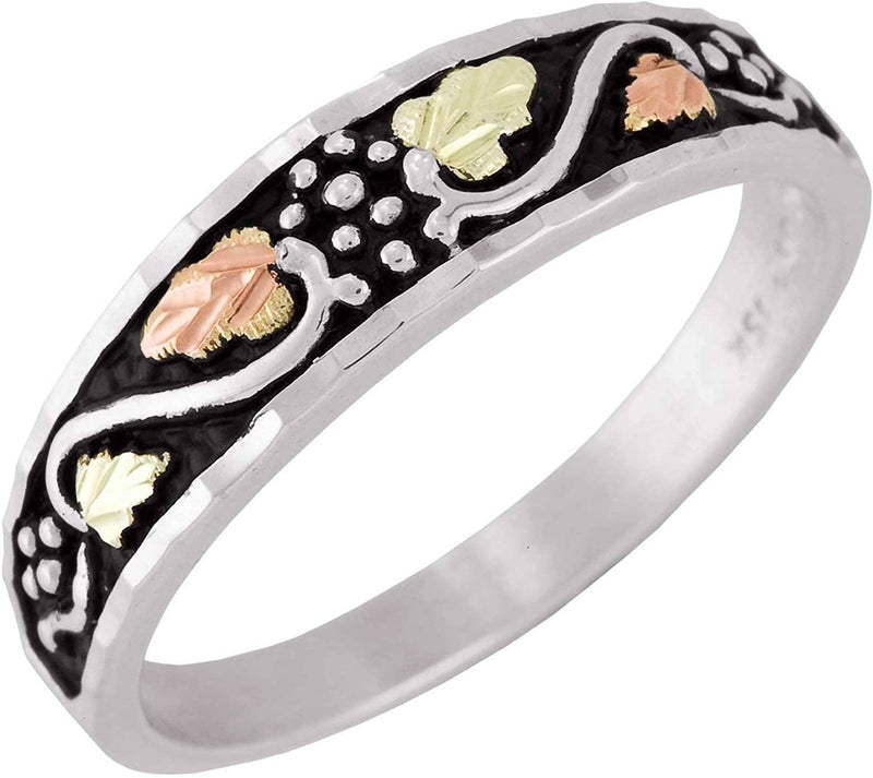 Diamond-Cut Leaves Antiquing Ring, Sterling Silver, 12k Green and Rose Gold Black Hills Gold Motif, Size 9.25