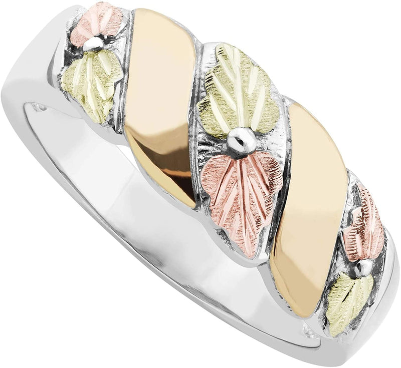 Ave 369 10k White and Yellow Gold Past Present Future Grape Leaf Wedding Ring, 12k Rose and Green Black Hills Gold