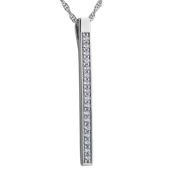 White CZ High Polish Bar Pendant Necklace, Rhodium Plated Sterling Silver, 18"