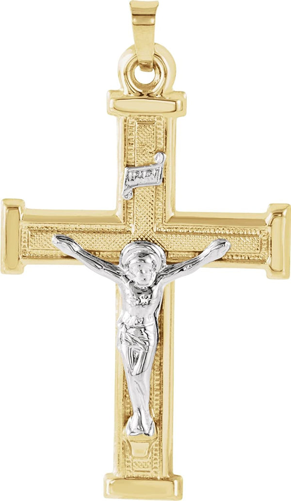 Two-Tone Hollow Tubular Crucifix 14k Yellow and White Gold Pendant (25.3X18MM)