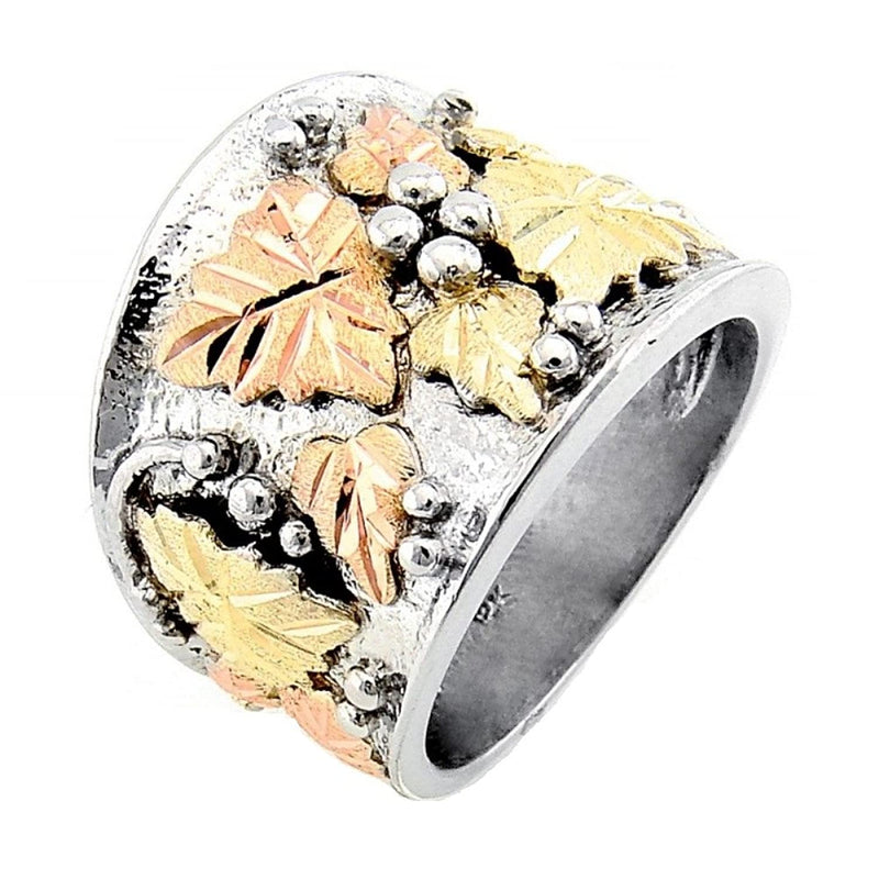 Graduated Leaf Ring, Sterling Silver, 12k Green and Rose Gold Black Hills Gold Motif