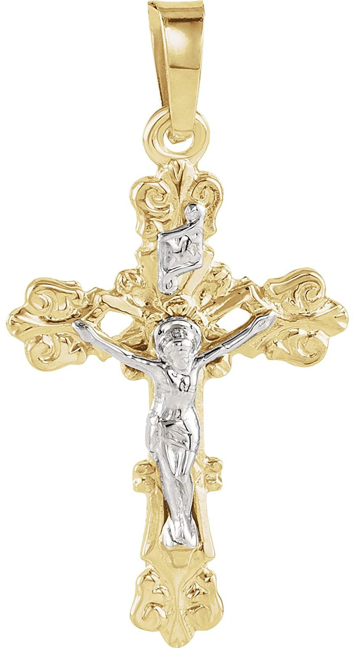 Two-Tone Floral Crucifix 14k Yellow and White Gold Pendant(35X24.5MM)