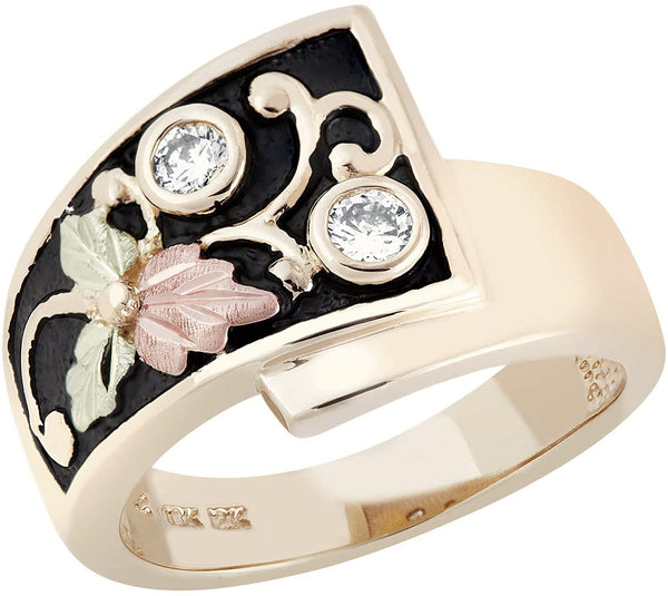 Inlaid Diamond Foliage Antique Ring, 10k Yellow Gold, 12k Green and Rose Gold Black Hills Gold Motif, Size 6