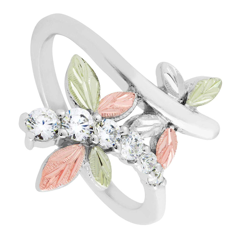 Ave 369 6-Stone CZ Dragonfly Ring, Sterling Silver, 12k Green and Rose Gold Black Hills Gold Motif