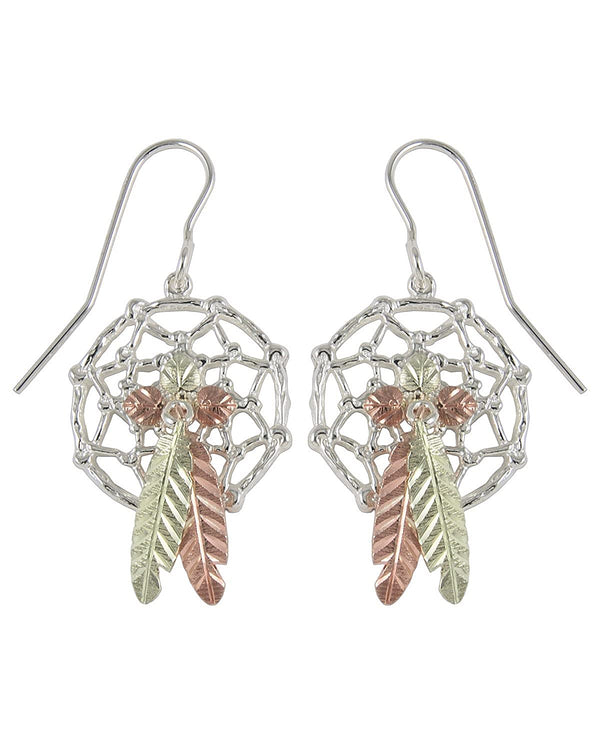 Dream Catcher Earrings, Sterling Silver, 12k Green and Rose Gold Black Hills Gold Motif