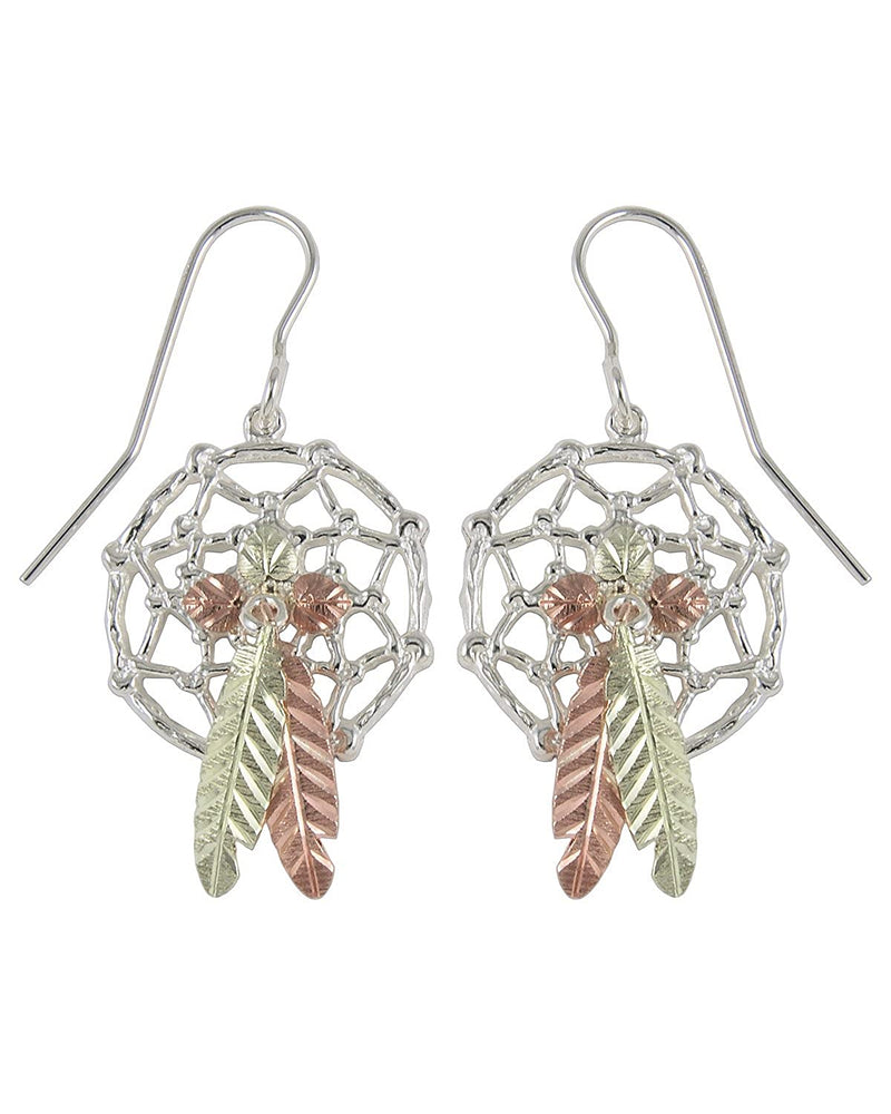 Dream Catcher Earrings, Sterling Silver, 12k Green and Rose Gold Black Hills Gold Motif