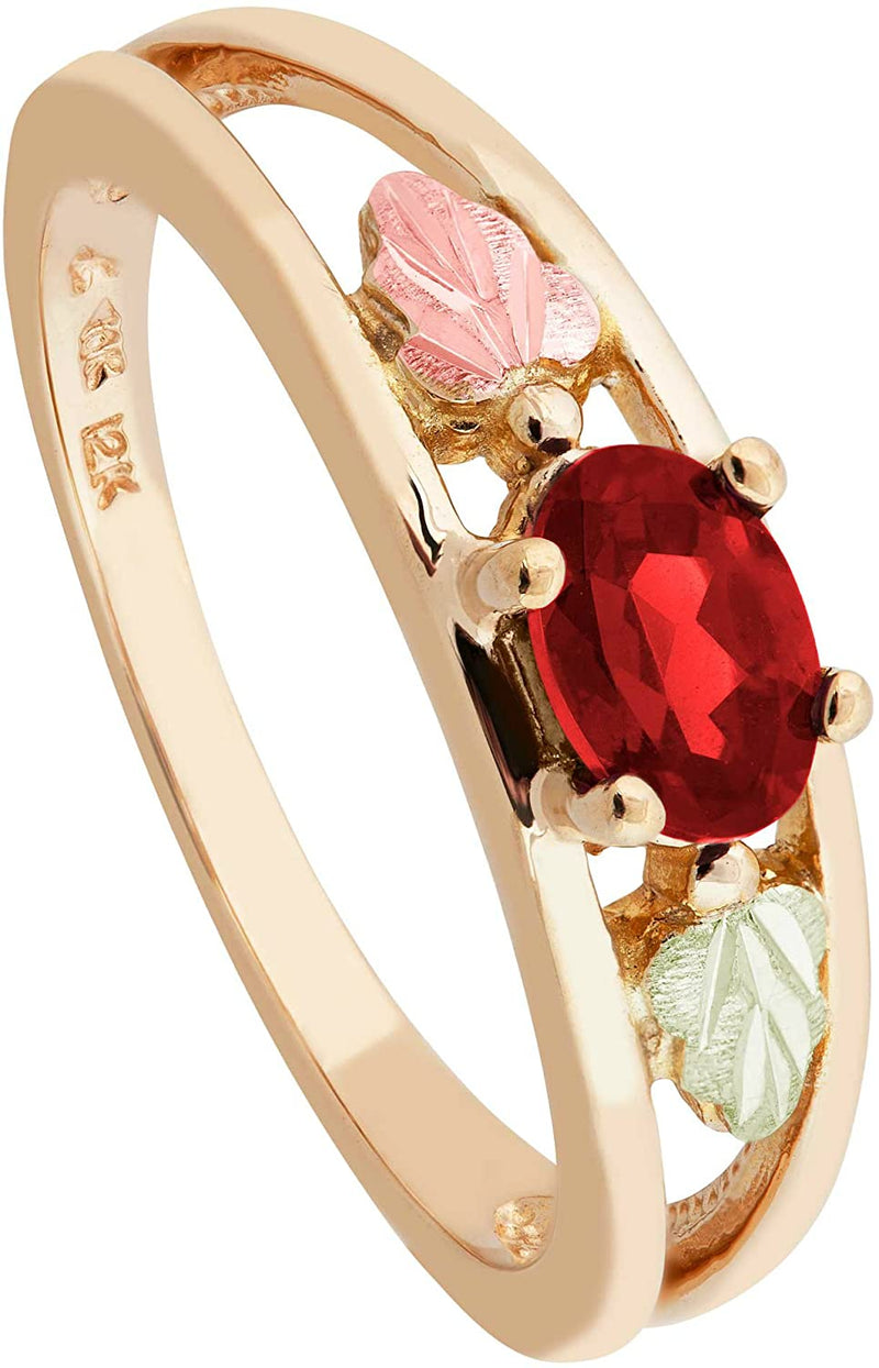 Oval Created Ruby Ring, 10k Yellow Gold, 12k Green and Rose Gold Black Hills Gold Motif, Size 7