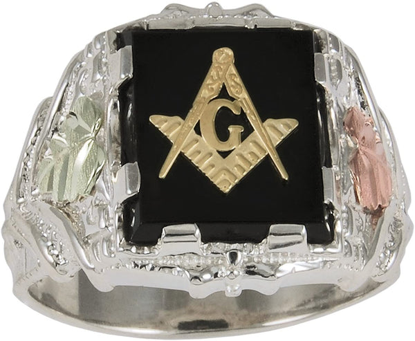 Men's Onyx Rectangle Masonic Ring, Sterling Silver, 12k Green and Rose Gold Black Hills Gold Motif, Size 8.5
