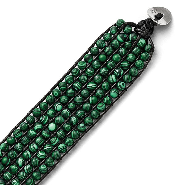 Men's Stainless Steel Black Cord Woven Imitation Malachite Bracelet, 9 "