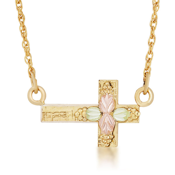 Sideways Cross Necklace, 10k Yellow Gold, 12k Green and Rose gold Black Hills Gold Motif
