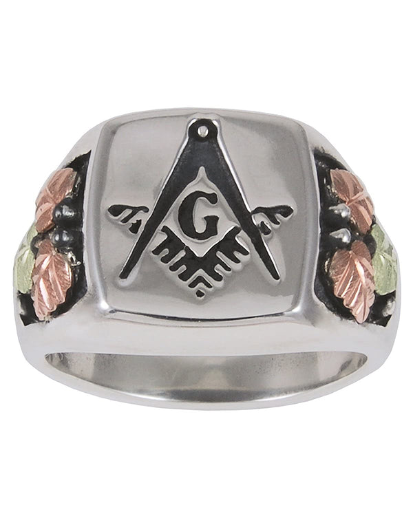 Men's Freemason's Signet Ring, Sterling Silver, 12k Green and Rose Gold Black Hills Gold Motif