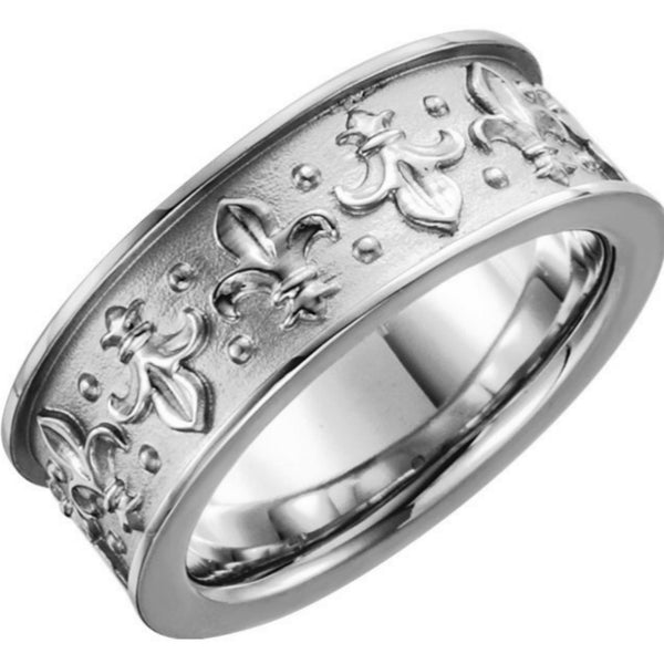 Fleur-de-lis Comfort Fit Band, Rhodium-Plated 14k White Gold 7.75mm