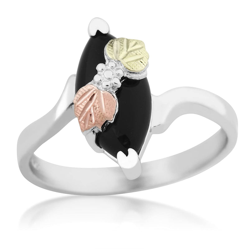 Slim-Profile Marquise Onyx Bypass Ring, Sterling Silver, 12k Green and Rose Gold Black Hills Gold Motif