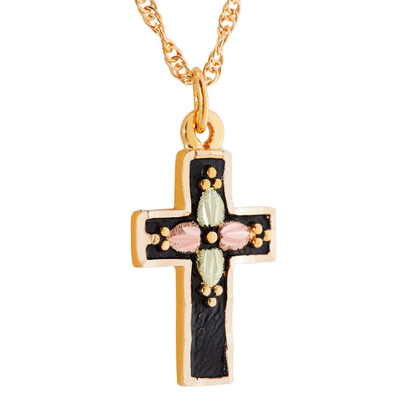 Ave 369 Antique Cross Pendant Necklace, 10k Yellow Gold, 12k Green and Rose Gold Black Hills Gold Motif, 18"