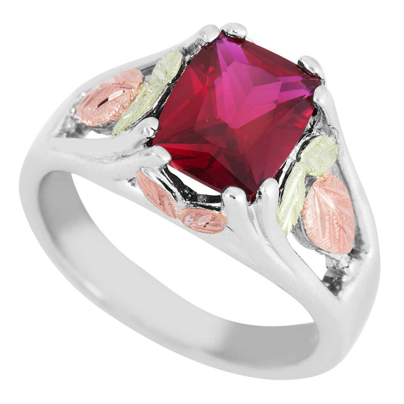 January Birthstone Created Garnet Ring, Sterling Silver, 12k Green and Rose Gold Black Hills Silver Motif, Size 4