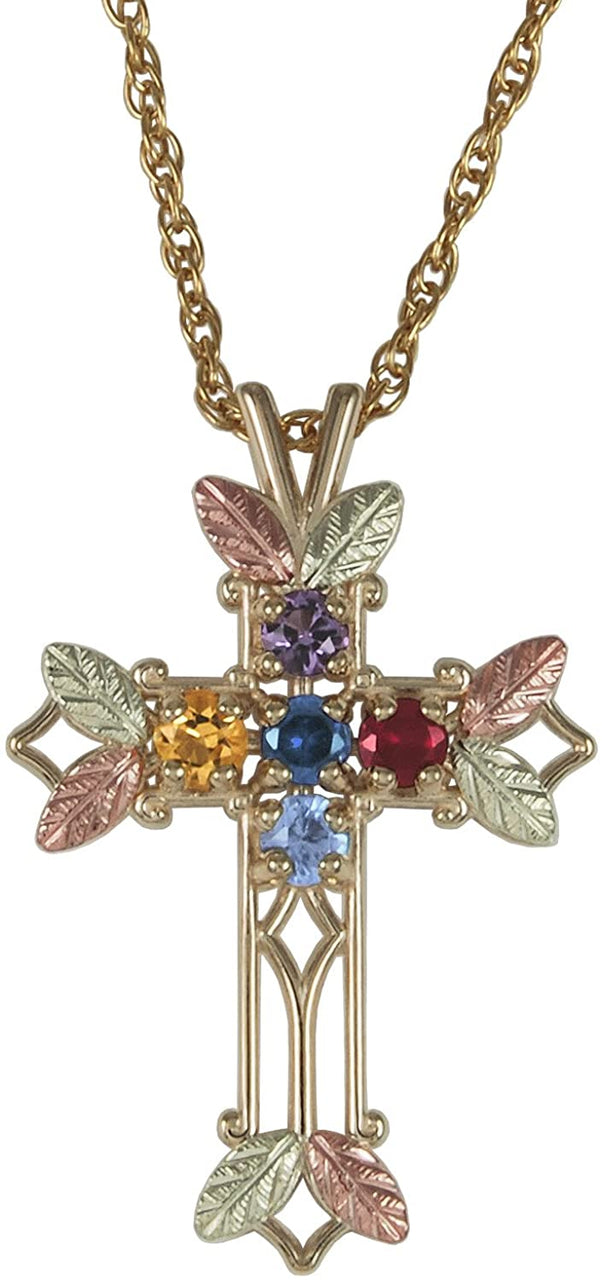 Amethyst, Sapphire, Aquamarine, Citrine and Garnet Pointed Cross Pendant Necklace, 10k Yellow Gold, 12k Green and Rose Gold Black Hills Gold Motif, 18"