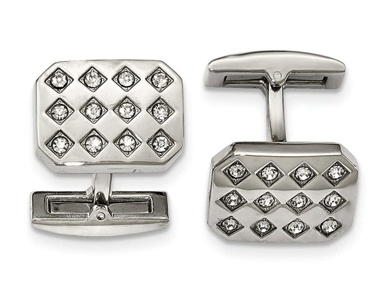 Stainless Steel Polished Satin-Brushed Cubic Zirconia Cuff Links