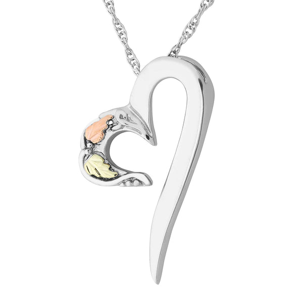 Stylish Heart Pendant Necklace, Sterling Silver, 12k Green and Rose Gold Black Hills Gold Motif, 18"