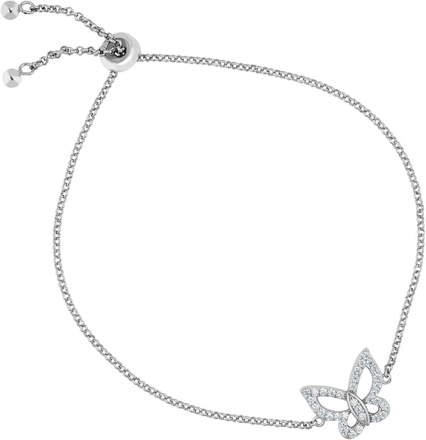 The Men's Jewelry Store (for HER) Open-Cut Butterfly CZ Rhodium Plated Sterling Silver Bolo Bracelet, 8"