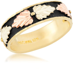 Women's Antiqued Wedding Band, 10k Yellow Gold, 12k Pink and Green Gold Black Hills Gold Motif, Size 5