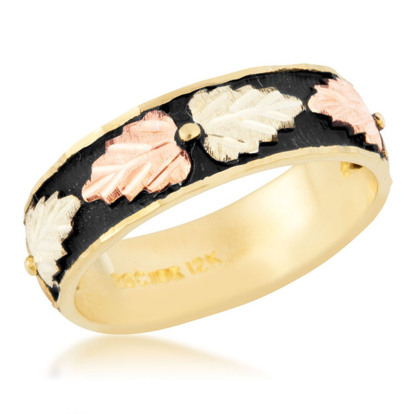 Women's Antiqued Wedding Band, 10k Yellow Gold, 12k Pink and Green Gold Black Hills Gold Motif