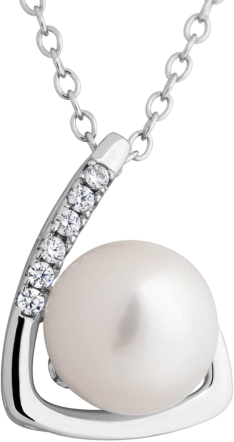 The Men's Jewelry Store (for HER) Lush Pearl and CZ L Bar Pendant Necklace, Rhodium Plated Sterling Silver, 18"