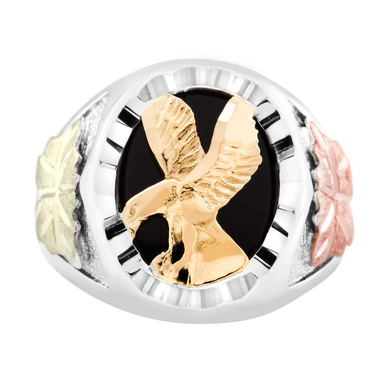 Men's 10k Yellow Gold Eagle and Onyx Ring, Sterling Silver, 12k Green and Rose Gold Black Hills Gold Motif