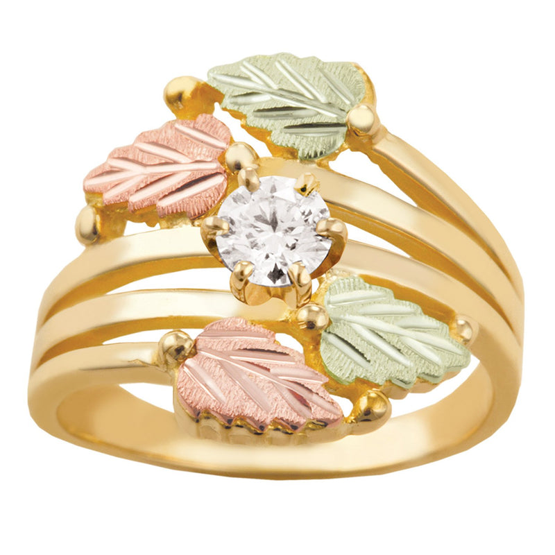 Ave 369 Bypass Leaves Ring with CZ, 10k Yellow Gold, 12k Green and Rose Gold Black Hills Gold Motif