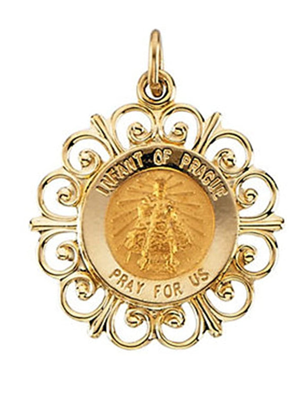 Rhodium Plated 14k Yellow Gold Infant of Prague Medal (18.5 MM)